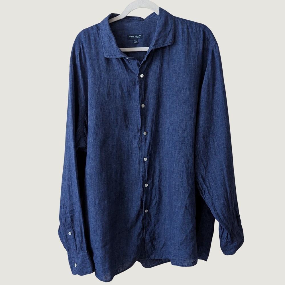 Peter Millar Crown Crafted Shirt Mens Sz XXL Blue Linen Button Up Coastal Preppy